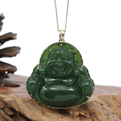 Laughing Buddha" Large 14k Yellow Gold Genuine Green Jade Buddha Pendant